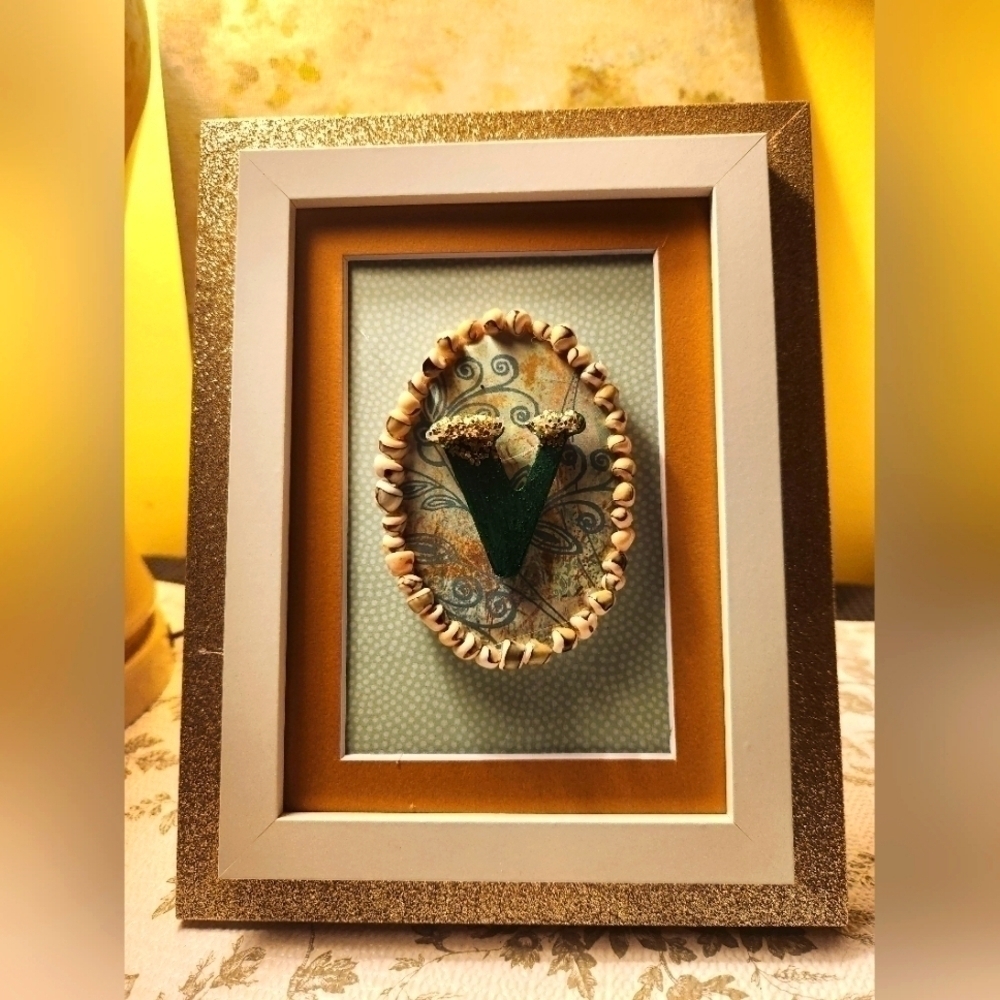 Handcrafted 3D Initials "V" Framed Design wall hang/stand display. Approx 8x10